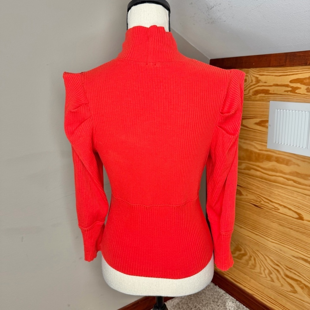 Free People Lala Cropped Puff Sleeve Mock Neck Ribbed Top Red Large L OB861565 - Picture 3 of 9